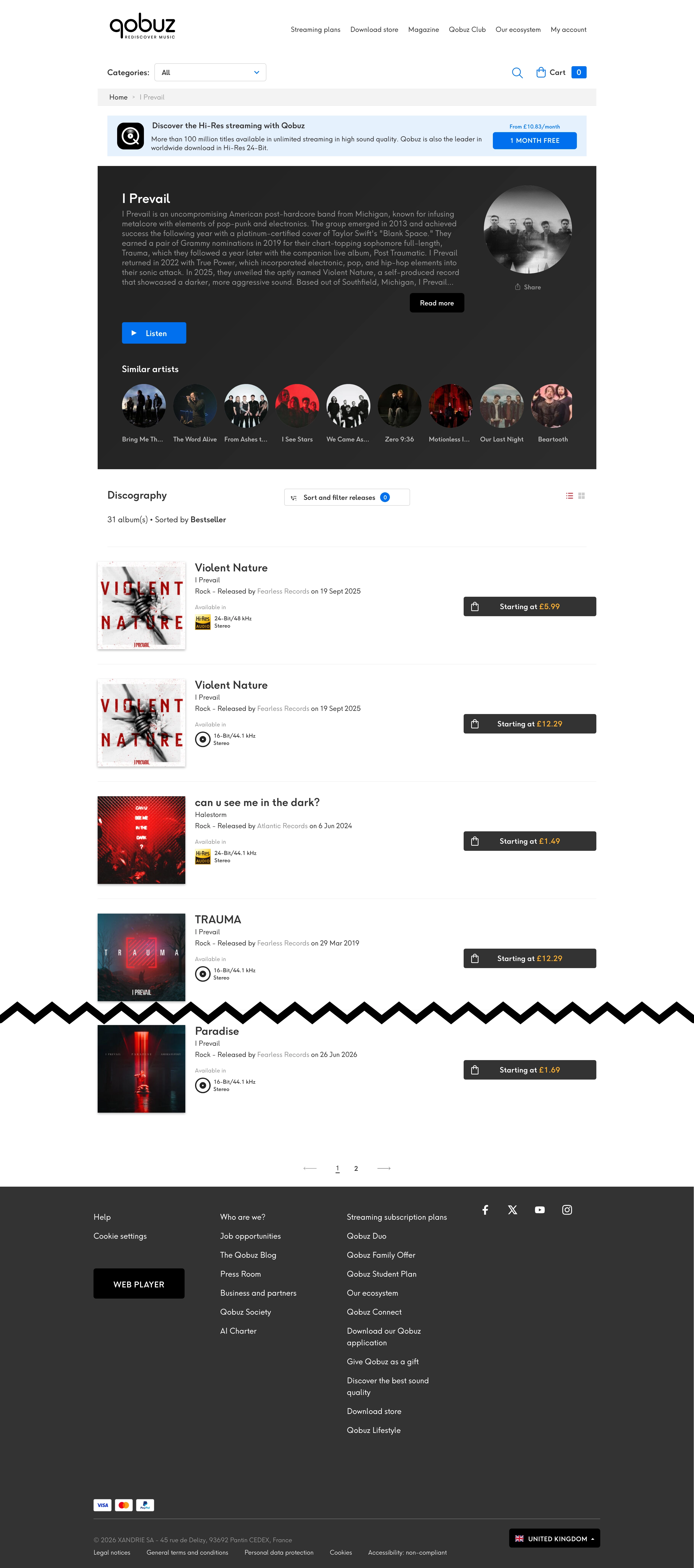 Screenshot showing the Qobuz download store when searching for the artist &ldquo;I Prevail&rdquo;.