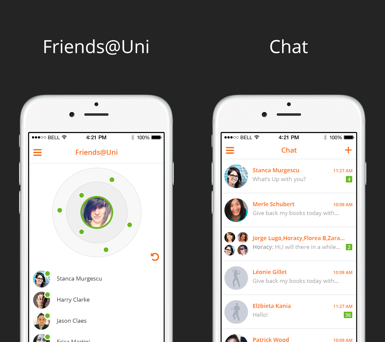 left: find my friends at university (friend radar on campus); right: chat between students
