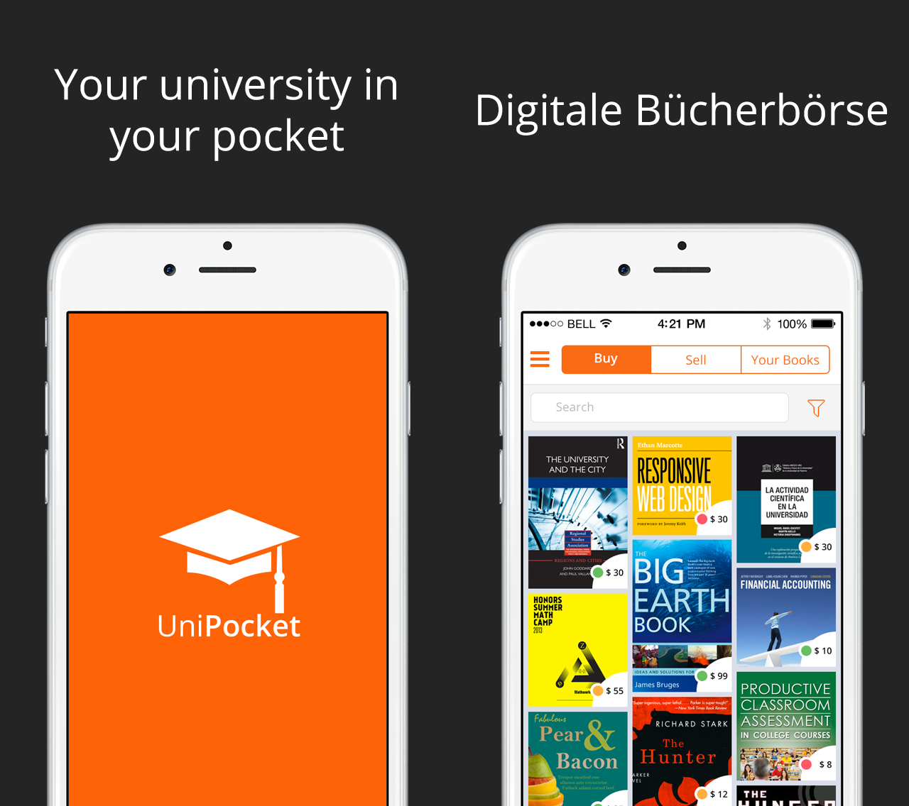 left: UniPocket start screen; right: book marketplace