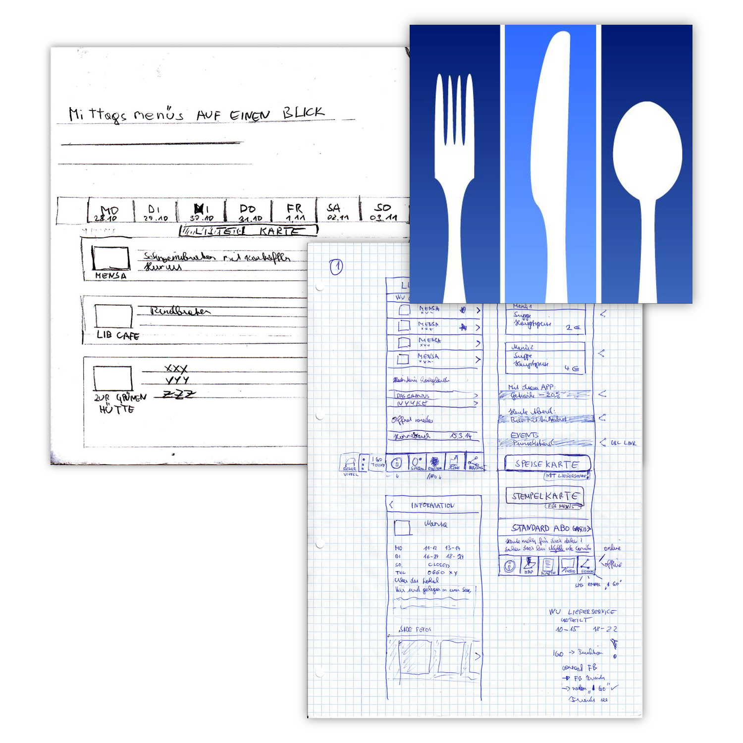 WU Campus Menü logo, the first wireframe sketches of the website and the app